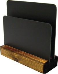 Click for a bigger picture.Dark wood base tombstone menu holder. Height 200mm